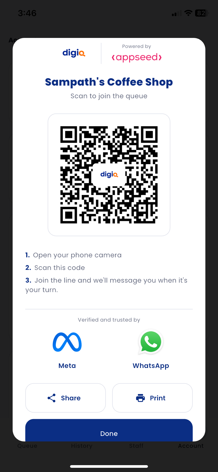 DigiQ staff app: QR code displayed for customers to scan