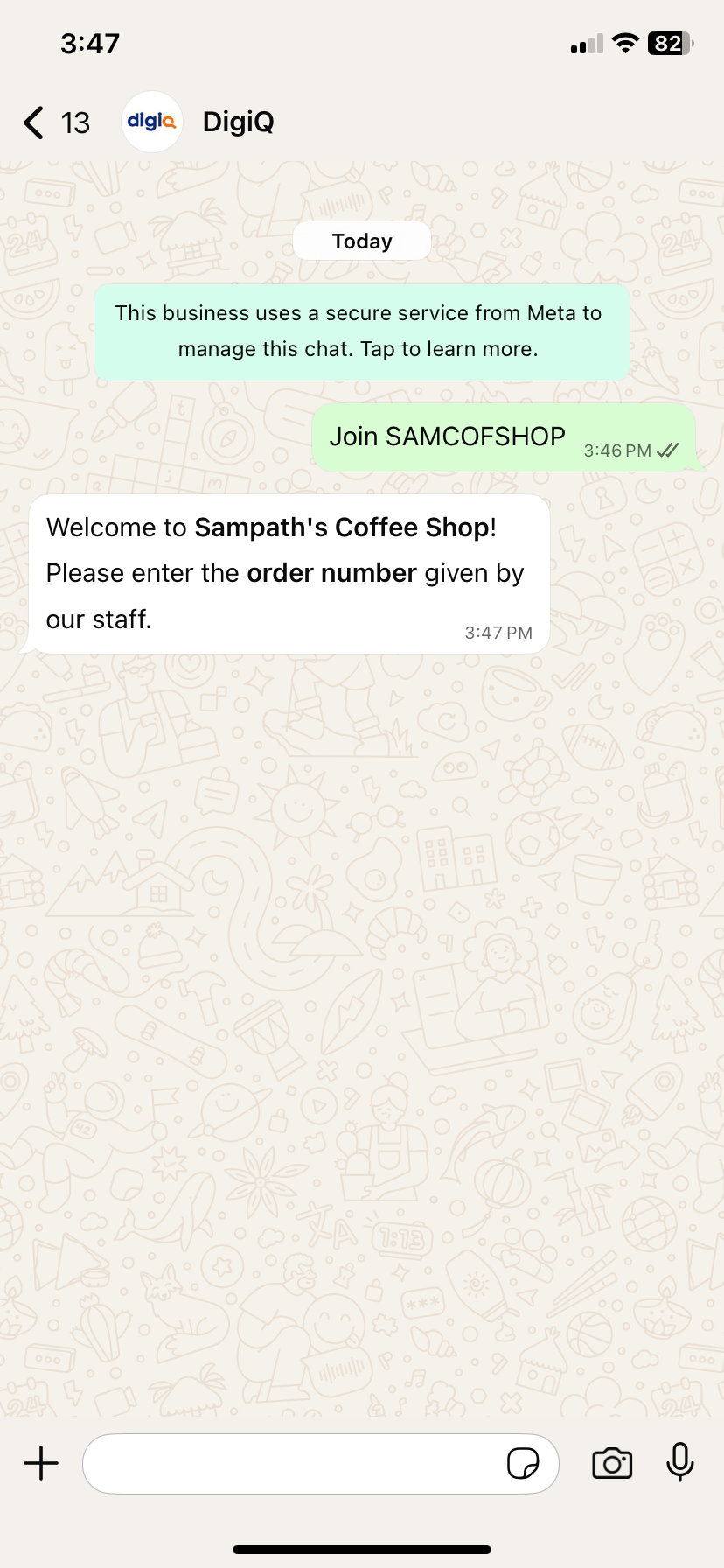 WhatsApp chat: customer joins the queue at Sampath's Coffee Shop