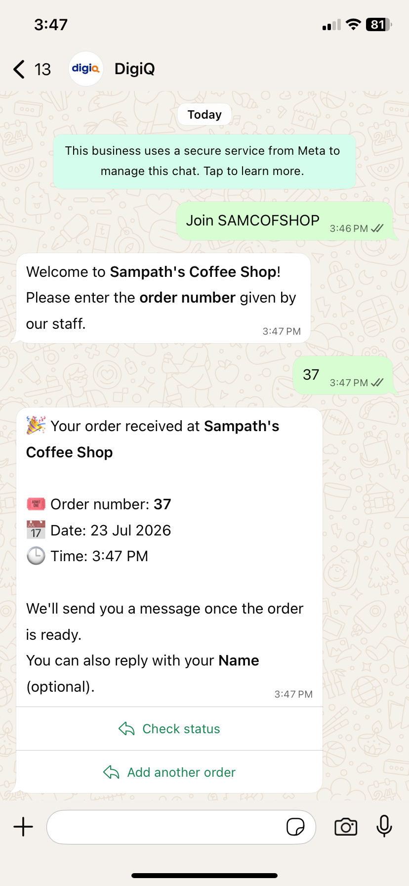 WhatsApp chat: customer enters order number and receives token 37