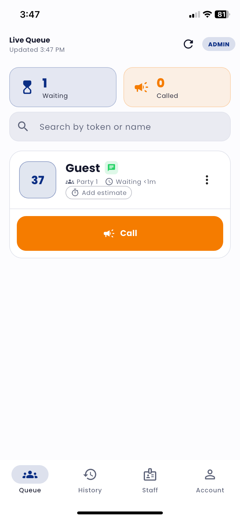 DigiQ staff app: live queue dashboard showing token 37 waiting