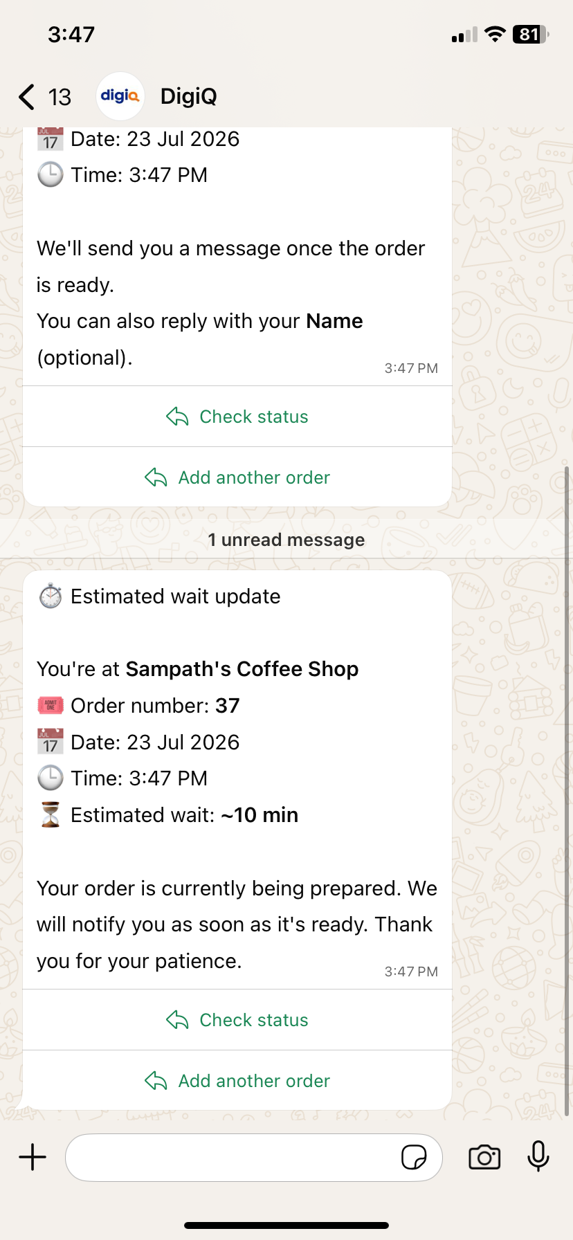 WhatsApp chat: customer receives estimated wait of 10 minutes