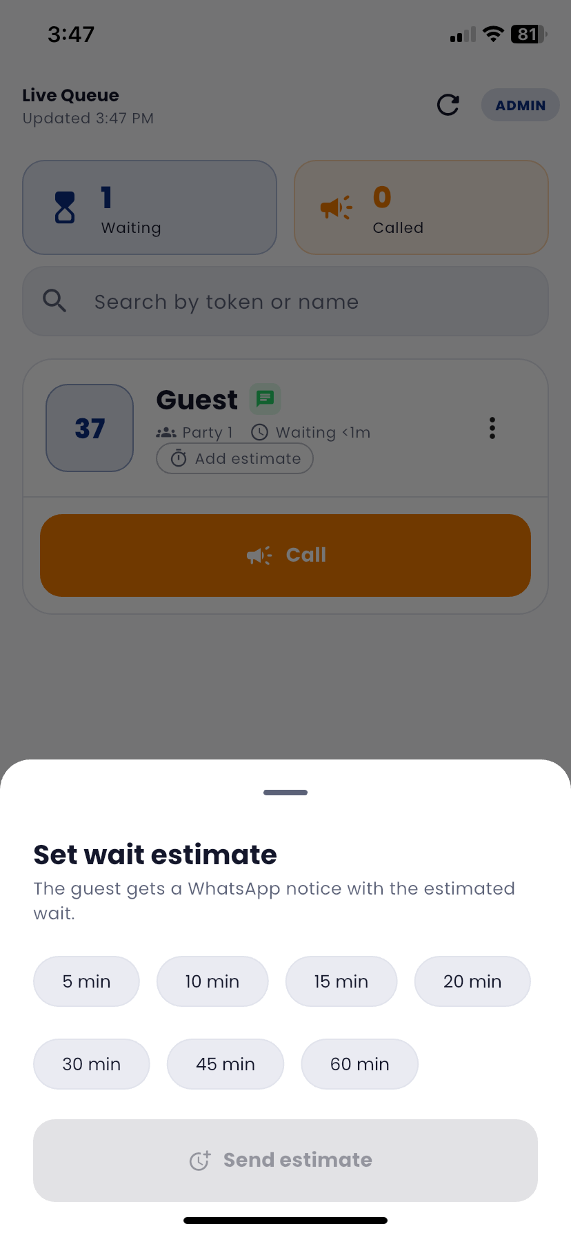 DigiQ staff app: staff sets a wait estimate for the guest