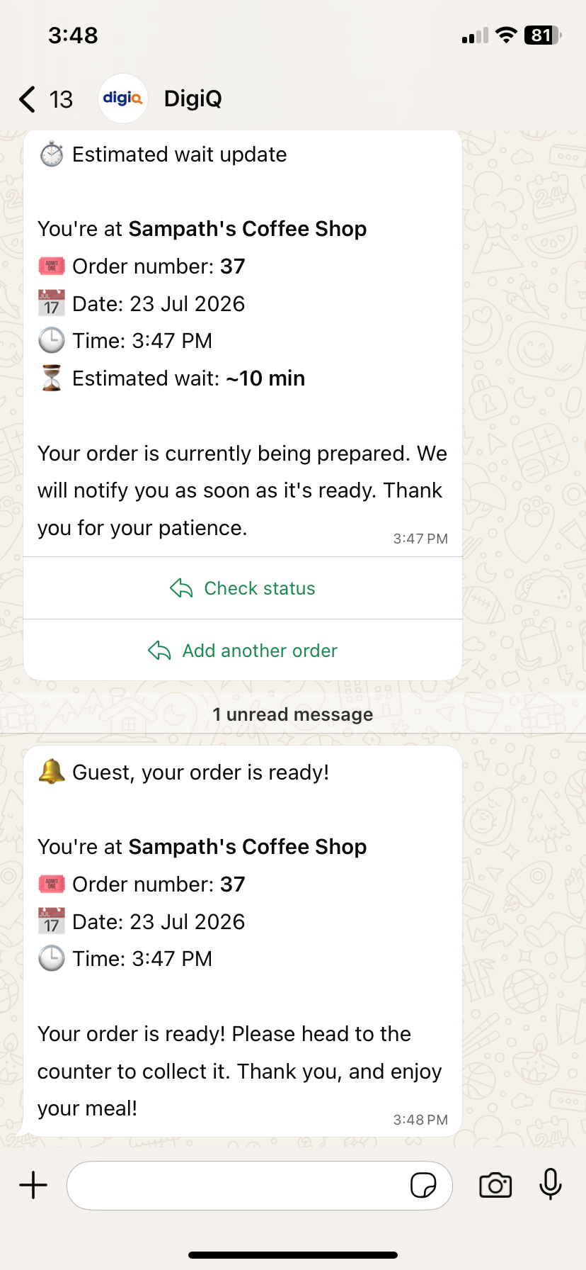 WhatsApp chat: customer notified that their order is ready