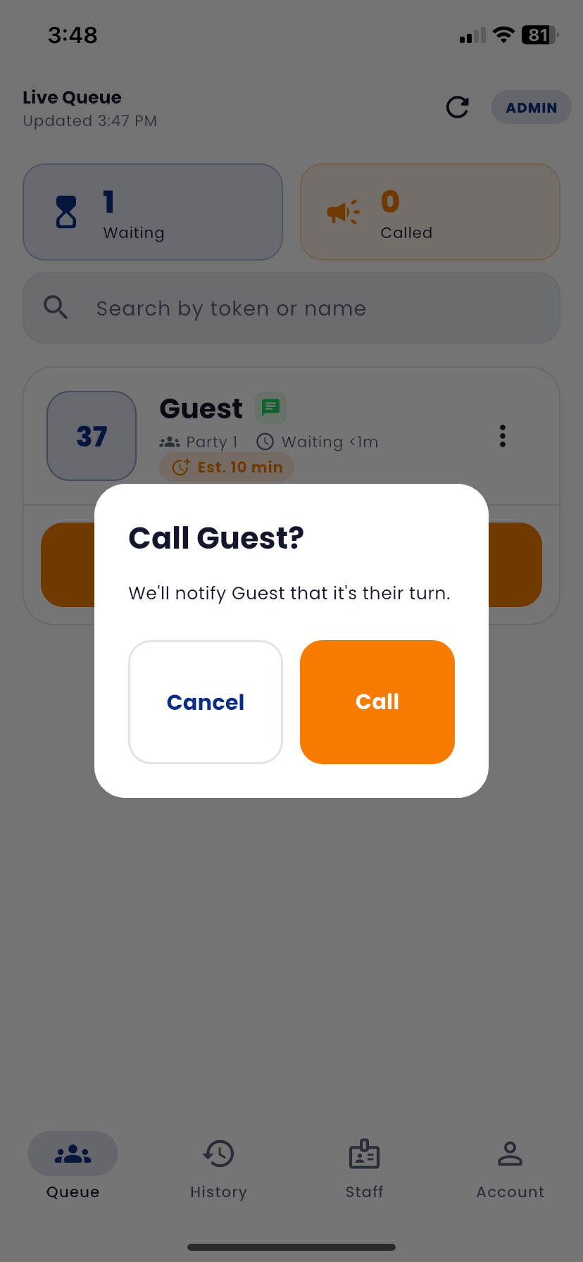 DigiQ staff app: staff calls the guest to the counter