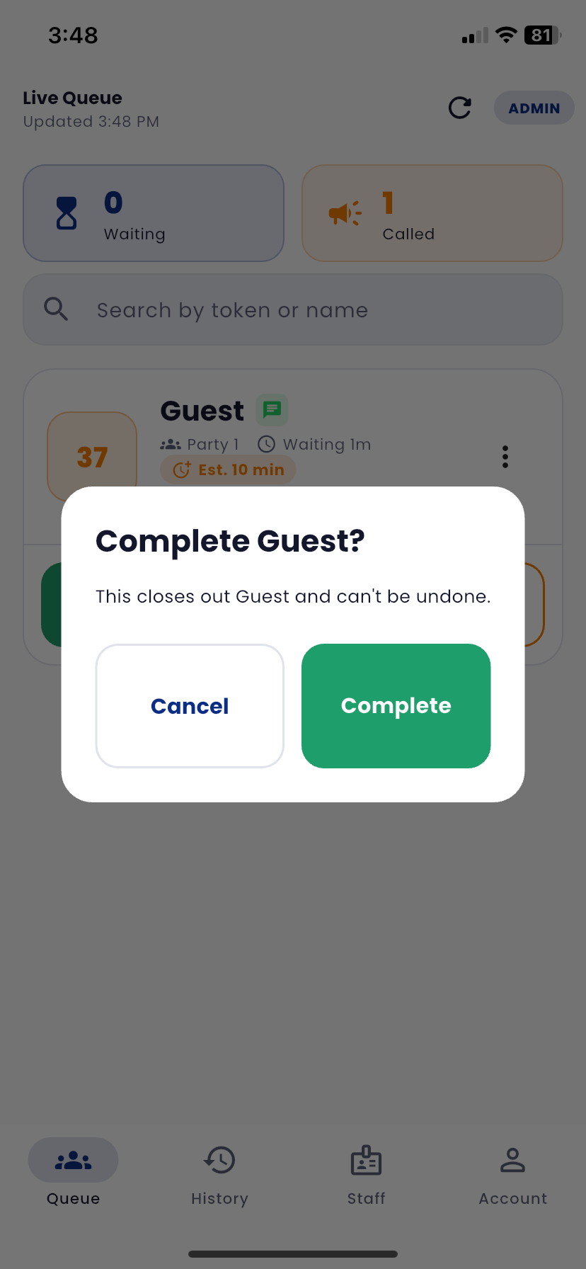 DigiQ staff app: staff marks the guest's order as complete