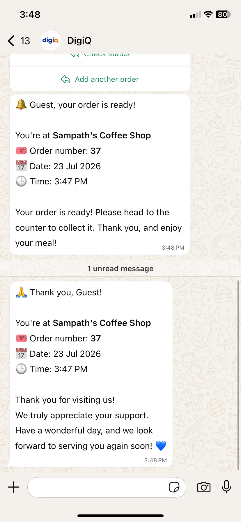 WhatsApp chat: thank-you message after the order is delivered